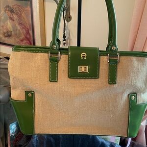 Green Aigner Trim And Wheat Canvas Shoulder Bag